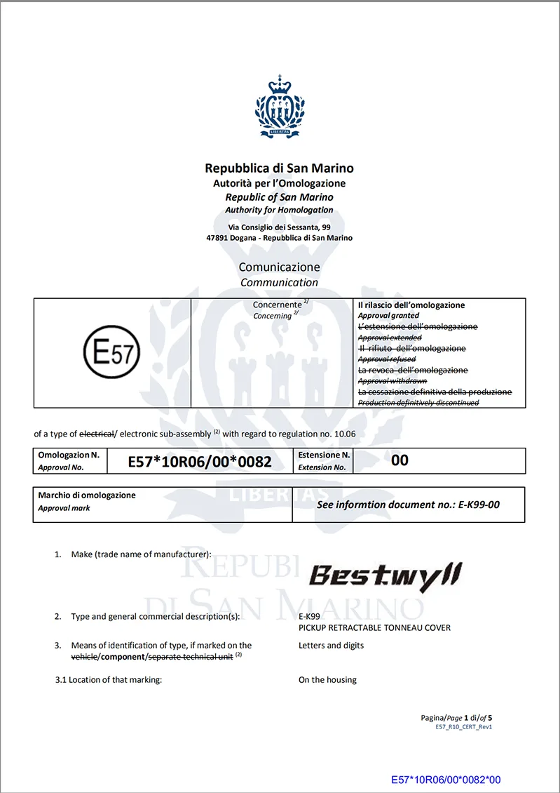 The E-MARK certificate of Bestwyll Power Roller