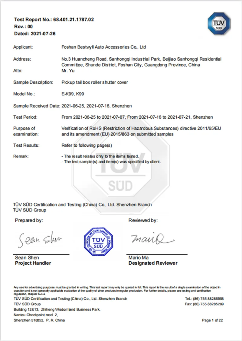 RoHS Test Report of Bestwyll Retractable Tonneau Cover