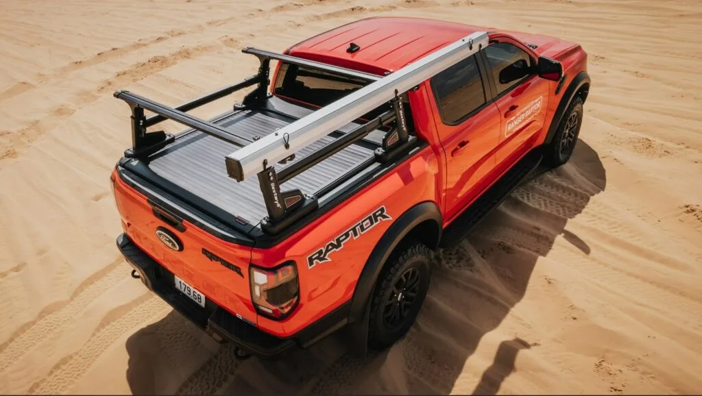 Aluminum truck bed rack in desert terrain